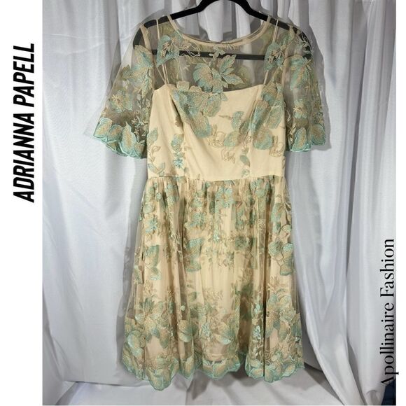 ADRIANA PAPELL NADINE MIDI DRESS IN MORNING MIST SIZE 12 NWT FLORAL EMBROIDERED - Picture 4 of 6